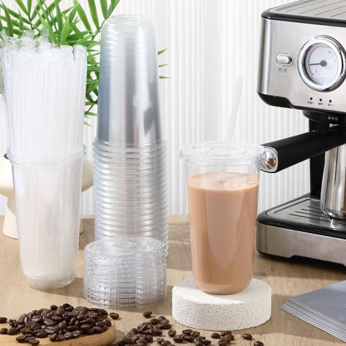 100 Sets Clear Plastic Cups with Lids and Straws, Disposable Iced Coffee Cups for Drinking, Cold Drinks, Juice, Smoothie, Pet Cup for Coffee Shops, Party, Christmas(20 oz)