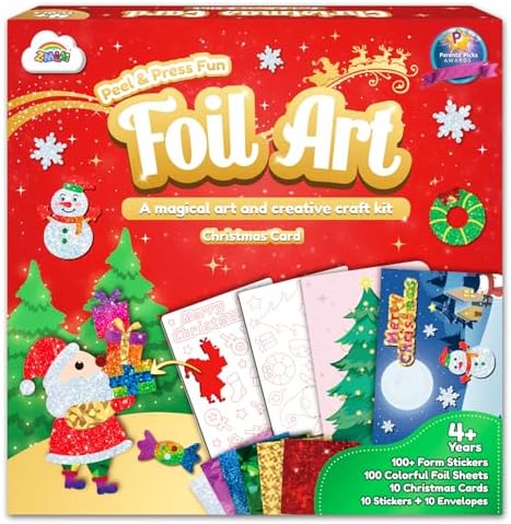 ZMLM Foil Art Kit for Kids - Christmas Crafts Games for Kids, Fun Christmas Cards Foil Art Crafts, Mess Free Activity Kits, with Envelopes and Stickers, 4 5 6 7 8 9 10 11 12 Girls Boys Toys Gifts