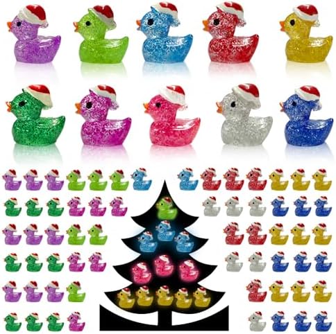 100PCS Christmas Glitter Mini Resin Ducks, Luminous Miniature Figures Tiny Ducks Micro Landscape Garden Aquarium Dollhouse for Xmas Birthday Ornaments