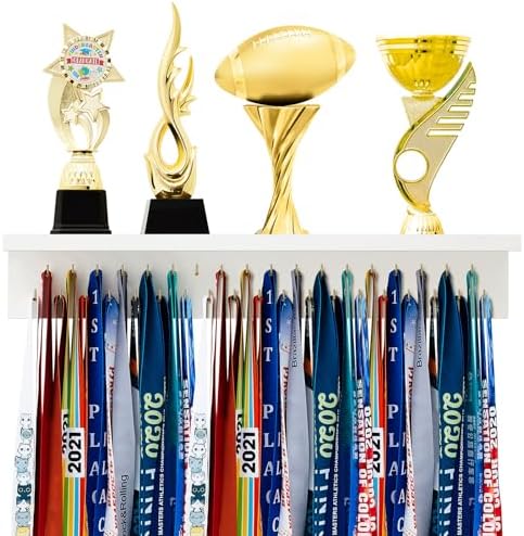 Wooden Medal Hanger Display Trophy Holder Shelf with 25/37/49/65 Hooks Wall Mount Ribbon Holder Christmas Gift for Gymnastics Running Soccer Awards