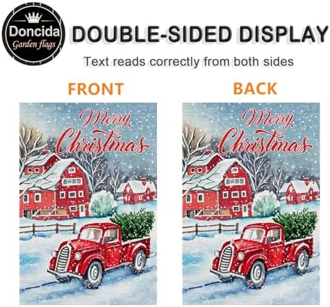 Doncida Merry Christmas Garden Flag 12x18 Double Sided Burlap Red Truck Christmas Tree Rustic Quote House Winter Xmas Yard Flag for Outside Decoration