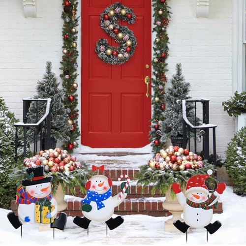 YEAHOME Outdoor Christmas Decorations, Stacked 3 Snowman Decorative Garden Stakes for Christmas Decor, Metal Yard Signs Xmas Decorations for Outside Garden Yard Lawn Porch Holiday Party