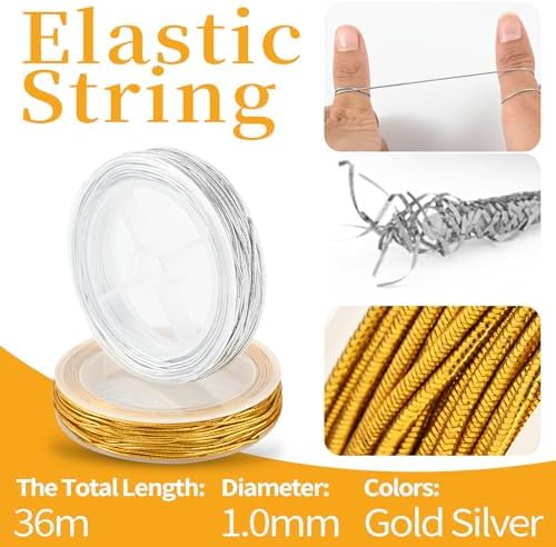2 Rolls Metallic Elastic Cords Elastic String Gold Silver Stretch Cord Metallic Tinsel Rope for Craft Making Gift Wrapping, Jewelry Making Hair Braids Bracelets, Christmas Crafts DIY 1.0 mm 118 ft