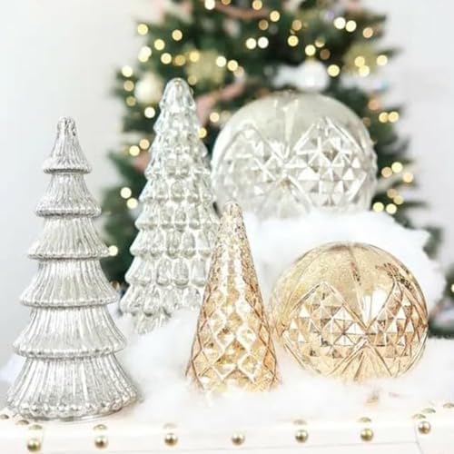 Set of 5 Illuminated Mercury Glass Trees - Upgrade Mercury Glass Christmas Trees with LED Lighted Tabletop Decor, Crackled Mercury GlassTrees for Xmas Home Party Centerpiece Tabletop Mantel (Gold)