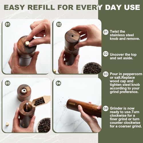 Wooden Salt and Pepper Grinder Set 8 Inch Manual Salt and Pepper Mill with Tray Adjustable Coarseness Refillable Wood Grinders with Gold Bottle Label for Kitchen Christmas Home Gift(Wood Color)
