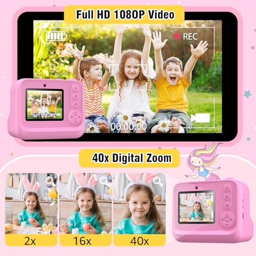 Instant Print Camera for Kids Age 3-12 Girls Boys 1080P HD Digital Video Cameras with 5 Print Paper & 32G Card Toddler Portable Travel Toys Camera for Christmas Birthday Gifts
