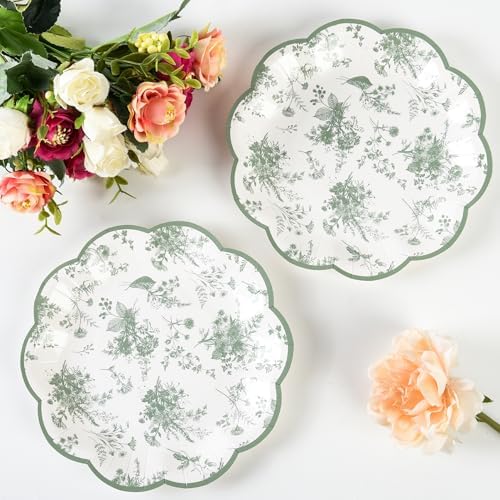 Sage Green Floral Leaf Disposable Paper Plates - Wildflower Green Toile 7" Scalloped Rim Dessert Plates for Christmas, Birthday, Bridal & Tea Parties (48)