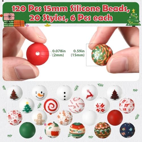 120 Pcs 15mm Silicone Beads Bulk Silicone Beads Print Rubber DIY Bracelet Making Kit for Keychain Making Pens Necklace Jewelry (Christmas)