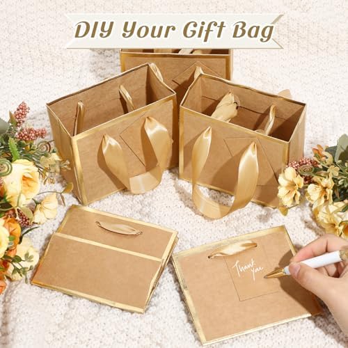 Yeaqee 50 Pcs Mini Metallic Foil Gift Bags with Handles 4x4.75x2.25'' Tiny Thank You Favor Bag with Tag for Fall Thanksgiving Halloween Christmas Wedding Baby Shower Birthday Party(Kraft, Gold)