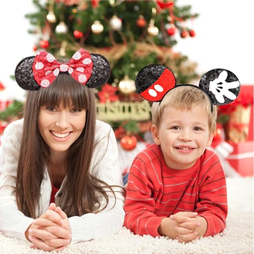 2 Pcs Mouse Ears Sequin Headbands for Women, Mouse Ears Bows Headbands for Princess Decoration Cosplay Birthday Christmas Party (Palm+polka Dot)