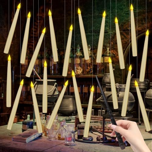 20 Pack Halloween Decorations Floating Candles with Wand,Magic Flameless Candles Flickering Warm Light LED Taper Candles Hanging for Harry Potter Christmas Witch Wizard Wedding Birthday Party Décor
