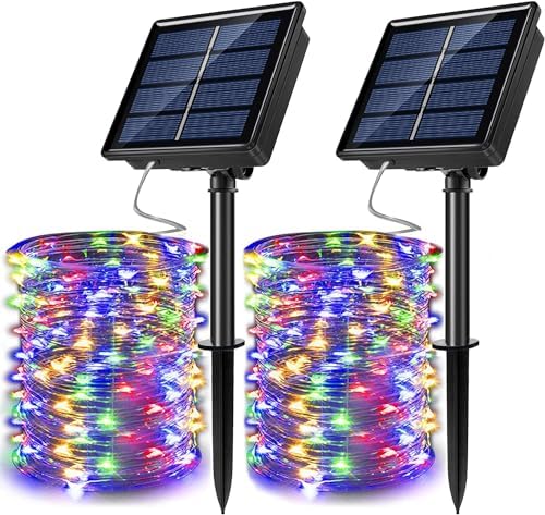2 Pack Solar Powered Fairy String Lights Outdoor Waterproof 8 Modes Twinkle Christmas Decorations Lights, Each 33ft-100LED, 40ft-120LED, 66ft-200LED, 80ft-240LED, (Multicolor, 66)