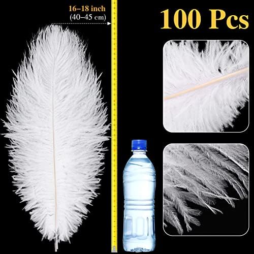 XunYee 100 Pcs Large Natural Ostrich Feathers Plumes Bulk for Centerpiece 16-18 Inch (40-45 Cm) Feathers for DIY Crafts Christmas Wedding Masquerade Party Decorations(White)