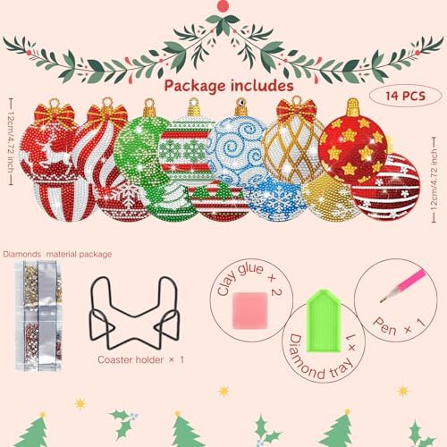 ZELLAHJOYI 14 Pcs Christmas Diamond Art Coasters Kit, Xmas Diamond Painting Coasters Kit with Holder,DIY Diamonds Art Crafts for Kids Adults,Perfect for Holiday,Wonderful for Cups