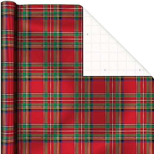 Hallmark Foil Christmas Wrapping Paper with Cut Lines on Reverse (3 Rolls: 60 sq. ft. ttl) Plaid Snowflakes, Snowmen, Red, Green and Blue Plaid