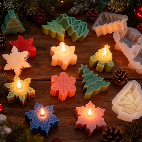 5 Pcs Christmas Candle Molds, Set of 3 Christmas Tree + 2 Snowflake Silicone Mold for Candles Wax Soap Epoxy Resin Casting Home Themes Decor Handmade Gift