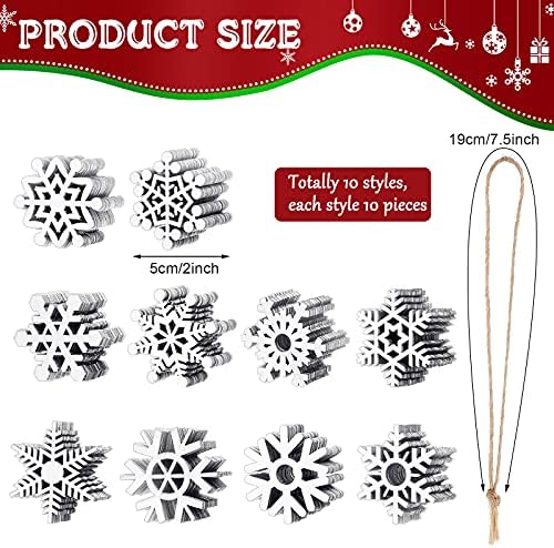 100 Pcs Christmas Unfinished Wooden Snowflake Ornaments Snowflake Hanging Cutouts Blank Wood Slices with Cord Craft Embellishments for Xmas Tree Decorations (White,2 Inches)