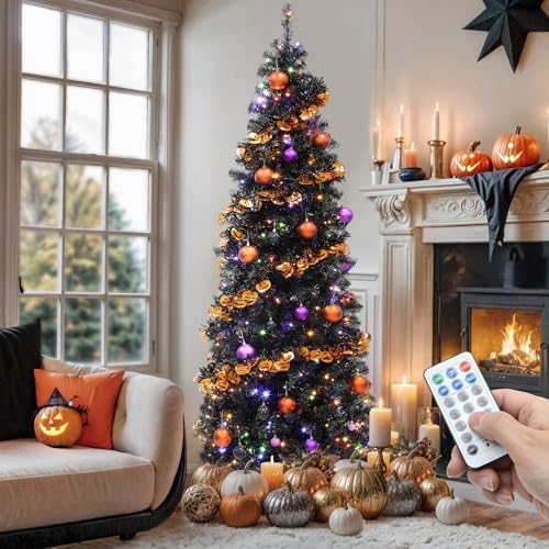 YITAHOME Pre-Lit Black Pencil Halloween Christmas Tree 7.5ft w/Remote, Black Slim Artificial Christmas Tree, Prelit Pencil Christmas Tree w/ 350 LED Lights & 1000 Branch Tips | Holiday Decor