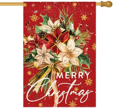 AVOIN colorlife Floral Merry Christmas House Flag 28x40 Inch Double Sided Outside, Christmas Flowers Winter Holiday Yard Outdoor Decorative Flag