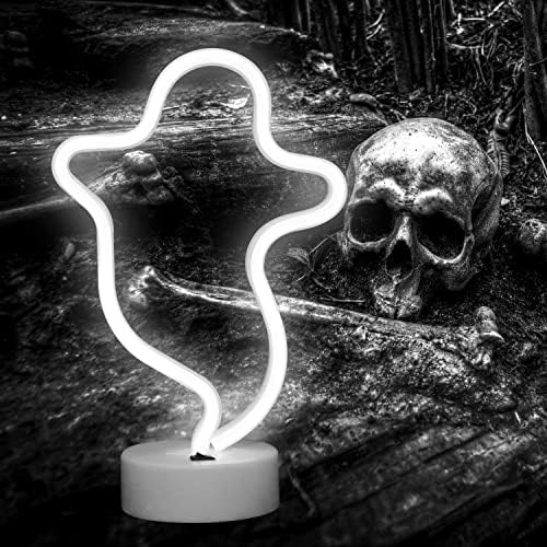 Ghost Neon Lights Halloween Decorations, LED Signs Spooky Shape Neon Signs Night Lights for Gothic, Home, Wall Party Christmas Decor-Ghost with Holder Base(White)