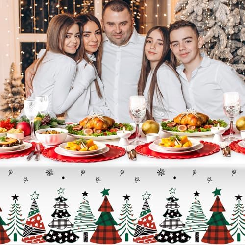 3 Pack Christmas Tablecloth, Disposable Plastic Xmas Table Cover 54 x 108 Inch Rectangular, Buffalo Plaid Table Cloth, Party Supplies for Holiday