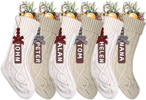 XIMISHOP 6pack Christmas Stockings, 18inch Large Personalized Cable Knitted Xmas Hanging Stocking Decorations with Name Tags for Holiday Christmas Party Family Decor (Khaki and White)