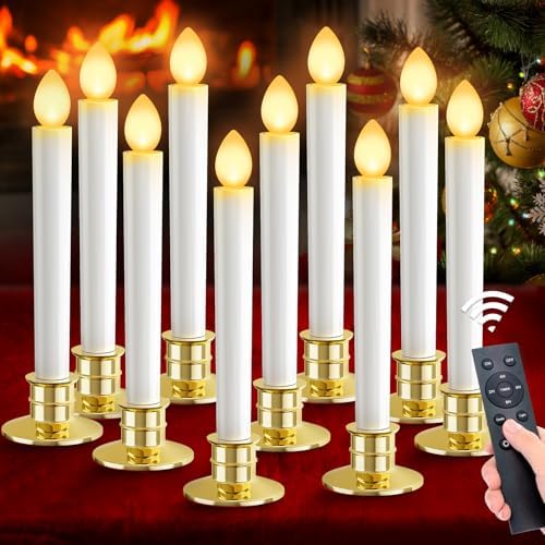 OCATO Christmas Window Candles Lights: 10 Pack Flameless Candles Battery Operated Candles with Remote Control Timer Christmas Decorations Taper LED Candle Gold Holders for Window Decor Party Table Top