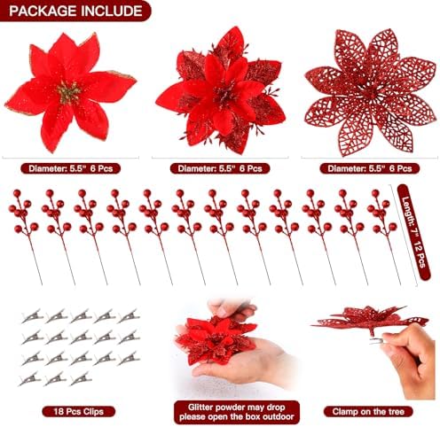 Floweroyal 30pcs Poinsettia Artificial Christmas Flowers Decorations with Clips and Berry Stems Glitter Ornaments for Christmas Tree Wreath Fireplace Stairs Decor (Red-3 Styles)
