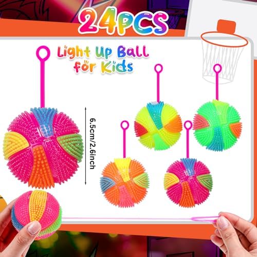 Wettarn 24 Pcs 2.6 Inch Bouncy Light up Ball for Kids LED Flashing Spiky Sensory Stress Balls Fidget Sensory Glow Toys Carnival Prizes Bulk School Halloween Christmas Party Favor(Basketball)