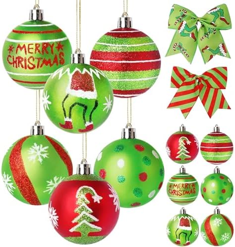 14 Pcs Christmas Ball Ornaments Set, 12 Red and Green Glittering Elf Balls with 2 Bows, 2.4 Inch Shiny Hanging Bulbs for Christmas Tree Decorations, Holiday Party, Table Centerpiece and Home Decor
