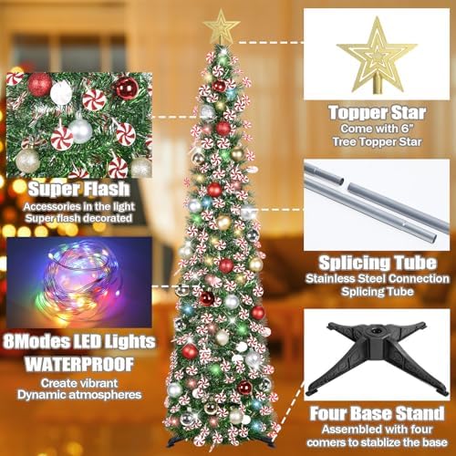 HMASYO 5 FT Pop Up Christmas Tree with Timer Lights and Decorations, Green Tinsel Christmas Tree with Candy and 24 Balls Ornament, Collapsible Pencil Tree Xmas Decoration for Home, Office, Party