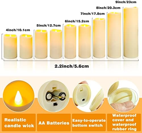 YIWER Waterproof Flameless Candles, Outdoor Battery Operated LED Pillars Candles, Electric Fake Candle Set of 9 with Remotes, Halloween, Christmas Decorations