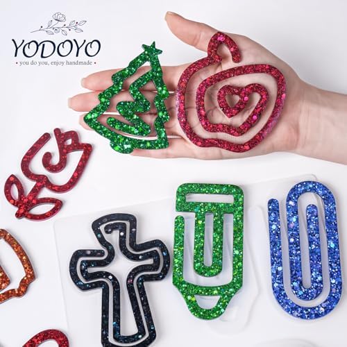 10-Cavity Silicone Resin Bookmark Mold with Varieties of Shapes and Size, Paper Clip Molds with Christmas Tree Cross Apple Shapes for DIY UV Resin Crafts, DIY Unique Gifts for Book Lovers