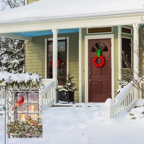Winter Candle Cardinal Garden Flags 12×18 Inch Double Sided Xmas Cardinal Garden Flags Rustic Farmhouse Yard Red Birds Flags with Pine Twigs Window Candle Berry Outdoor Decor Christmas Garden Flag