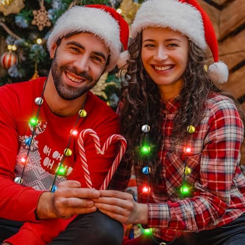 Christmas Light Necklace, 3Pcs Bells Light up Christmas Necklace, Jingle Bells Xmas Necklaces Women Men, 3 Modes Party Favors Ugly Sweater Holiday Party Supplies Accessories