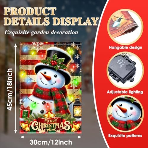 12 x 18 Inches Lighted Snowman Garden Flag Decorations - Double-Sided Vertical Christmas Holiday Yard Flag Sign with LED Lights, Indoor Outdoor House Patio Décor Party Supplies