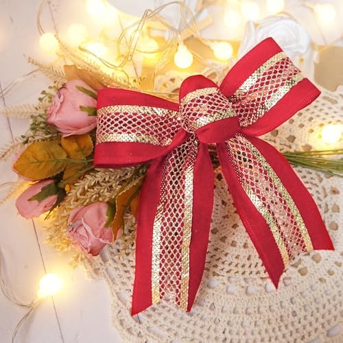 2.5" Red Velvet Gold Mesh Wired Ribbon 10Yards for Christmas Wedding Wreath Gift Wrapping Home Décor DIY
