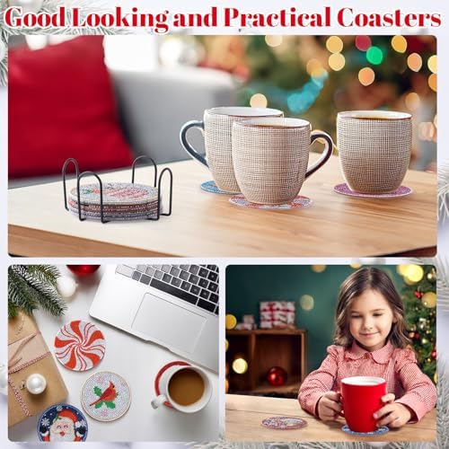 Diamond Art Christmas Coasters 12 Pcs Christmas Diamond Painting Kits,5D DIY Art Painting Coasters Supplies for Beginners Kids,Christmas Crafts for Adults Anti-Slip Diamond dotz with Holder
