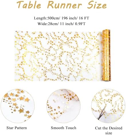 YATOJUZI Gold Table Runner,16 Ft Golden Star Sheer Chiffon Tulle Table Runner,Sequin Glitter Metallic Foil Gold Table Decorations Centerpiece for Wedding Birthday Christmas Party