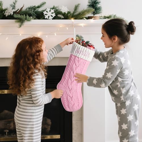 Personalized Christmas Stockings with Christmas Cards,Custom Embroidered Name Monogram Christmas Stocking for Baby Kids Girl Family,18" Large White Pink Knit Xmas Stockings for Fireplace