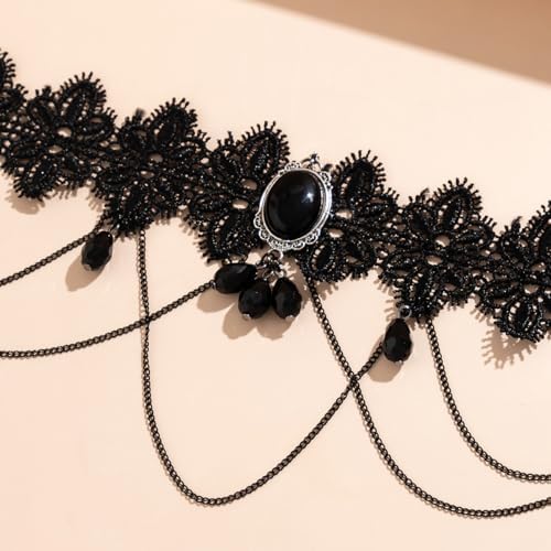 PINK TOWN Gothic Black Lace Choker Necklace for Women Goth Crystal Pendant Necklace Vintage Vampire Choker Necklace Christmas Halloween Birthday Jewelry Accessories