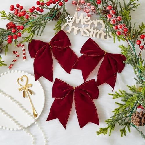 15 Pcs Velvet Bows for Christmas Tree - 6 Inch Vintage Velvet Ribbon Christmas Bows for Gift Wrapping Xmas Tree Topper Bow Ornaments for Garland Wreath Bows Decor (Burgundy)