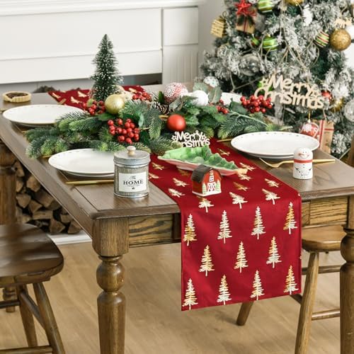 Artoid Mode Christmas Tree Red Dutch Fleece Table Runner, Glitter Metallic Foil Holiday Kitchen Dining Table Decoration for Home Party Decor 13x72 Inch