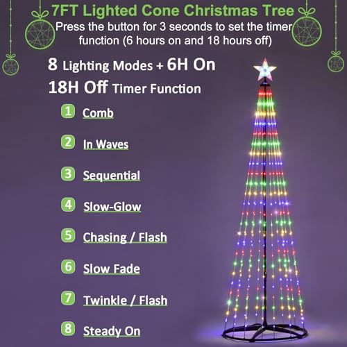 7 ft Lighted Outdoor Christmas Tree, 310 LEDs Pre-lit Christmas Cone Tree with Star Topper for Indoor and Outdoor Holiday Decorations (Multi Color)