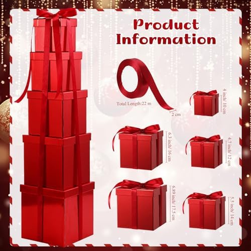 Cholemy 5 Pcs Square Nesting Boxes Decorative Gift Boxes with Lid and Ribbon Assorted Sizes Wrap for Wedding, Halloween, Thanksgiving, Christmas, Anniversary, Birthday, Bridal Party(Shiny Red)