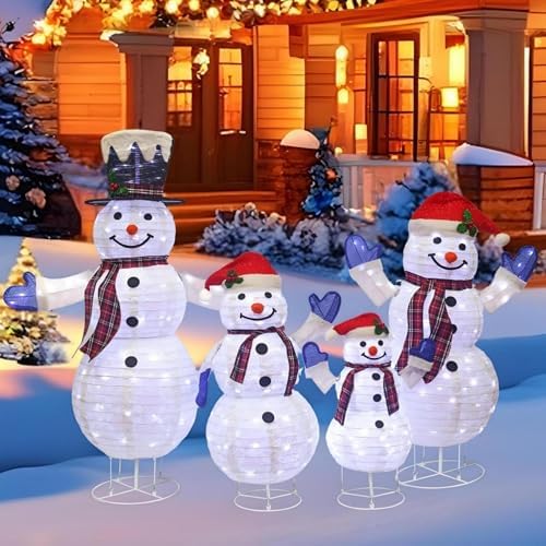 4-Piece 3D Lighted Snowman Family Set Outdoor Christmas Decorations Outdoor Snowman Decorations Collapsible Snowmen Yard Decor for Yard Patio with Weather-Resistant
