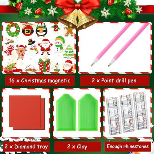 16Pcs Christmas Magnet Diamond Art Painting for Refrigerator DIY Diamond Fridge Magnet Stickers Christmas Tree Penguin Snowflake Gnome Magnetic Car Magnets Garage Door Decoration for Holiday