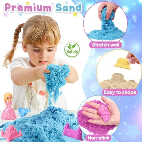 Princess Unicorn Sensory Bin Sandbox for Girl Kid Toys, 2lbs Color Sensory Sand & 6 Castle Molds & Play Kits, Sand Box Toys for Kids Girls Toddlers 3 4 5 6 7 8 Christmas Birthday Gift