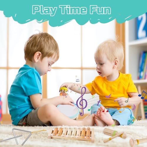 Baby Musical Instruments Set Montessori Wooden Toy for Toddlers 3 Percussion Music Xylophone for Kids Preschool Learning Resource Christmas Birthday Gifts for Boys Girls Aged 3 4 5 (Warm)