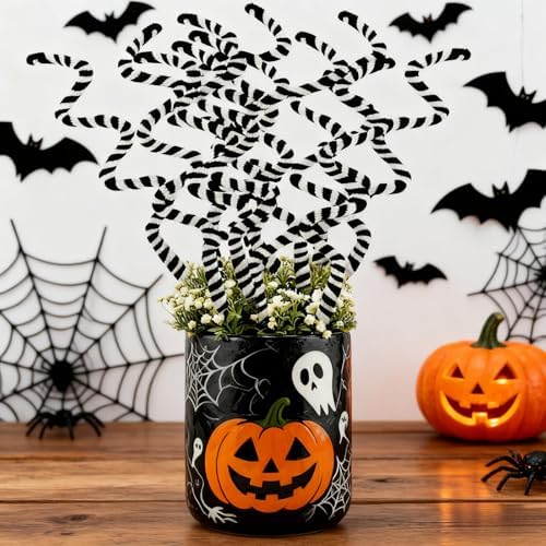 12 PCS Halloween Plant Stakes Sandworm Decorations 14Inch Black and White Christmas Tree Picks Woolen Curly Pick Floral Picks for Party Supply Crafts Ornament